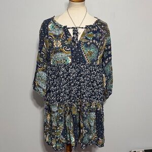 easel Navy Paisley Tiered Midi Dress with Teal & Mustard Accents
